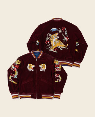Reversible acetate souvenir jacket, wine front with embroidered tiger and striped rib trim