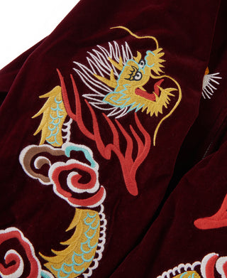 Reversible souvenir jacket, burgundy with close-up dragon and swirling cloud embroidery